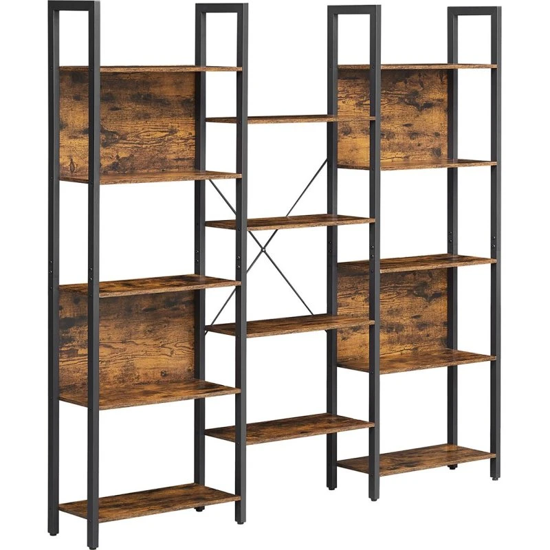 VASAGLE Bogreol 14 hylder, rustik brun/spånplade & sort stål, 158 × 24 × 166 cm