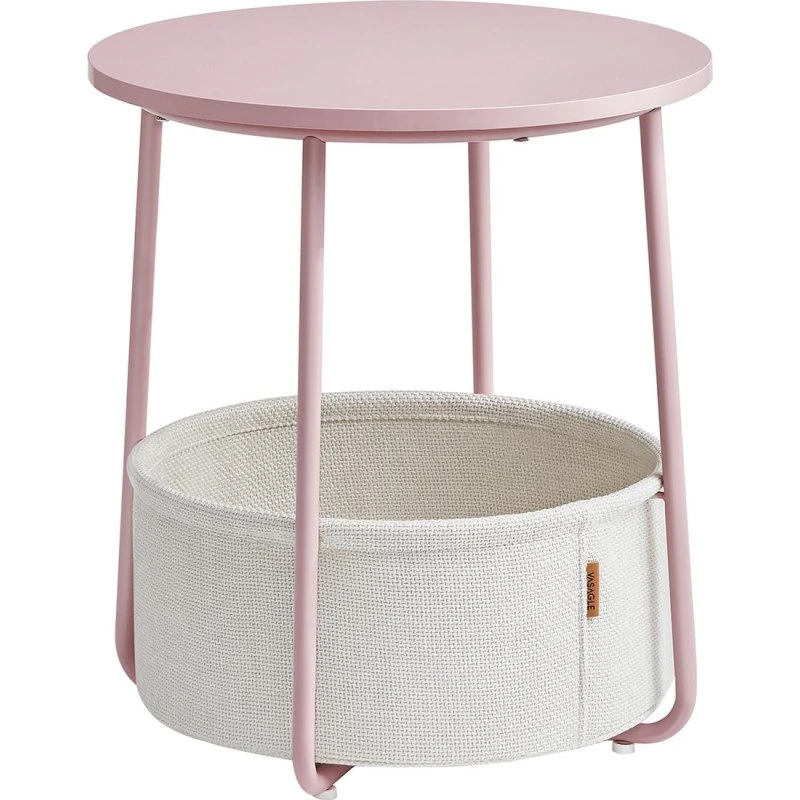 VASAGLE Rund sidebord med stofkurv, pastelrosa/skyhvid (Ø45 cm)