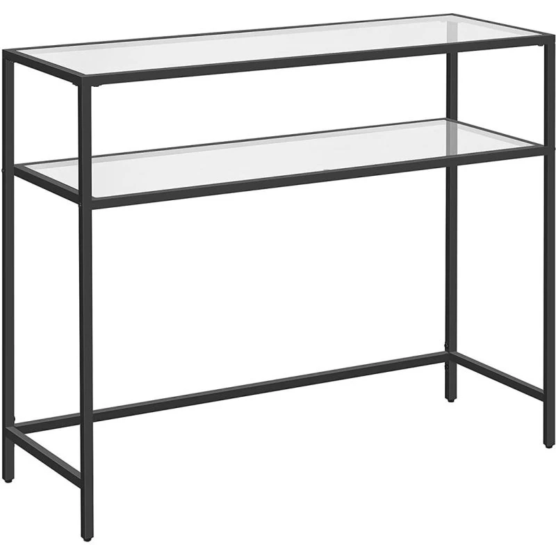 VASAGLE Konsolbord i hærdet glas og sort stål, 2 hylder, justerbare fødder (LGT025B01)