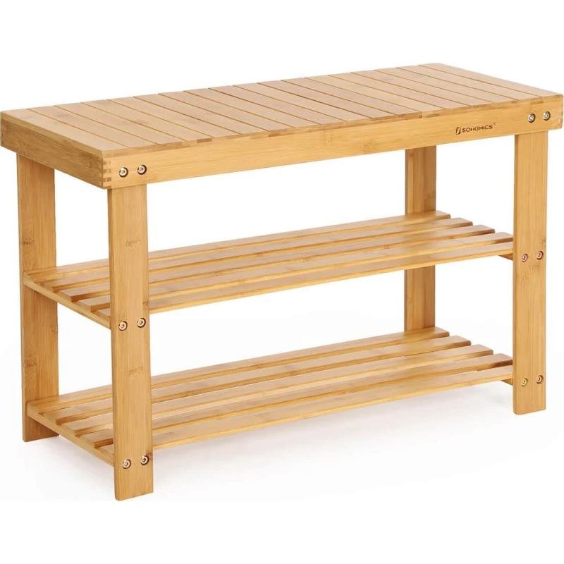 SONGMICS Skobænk i Bambus med 3 Hylder, 70x28x45 cm
