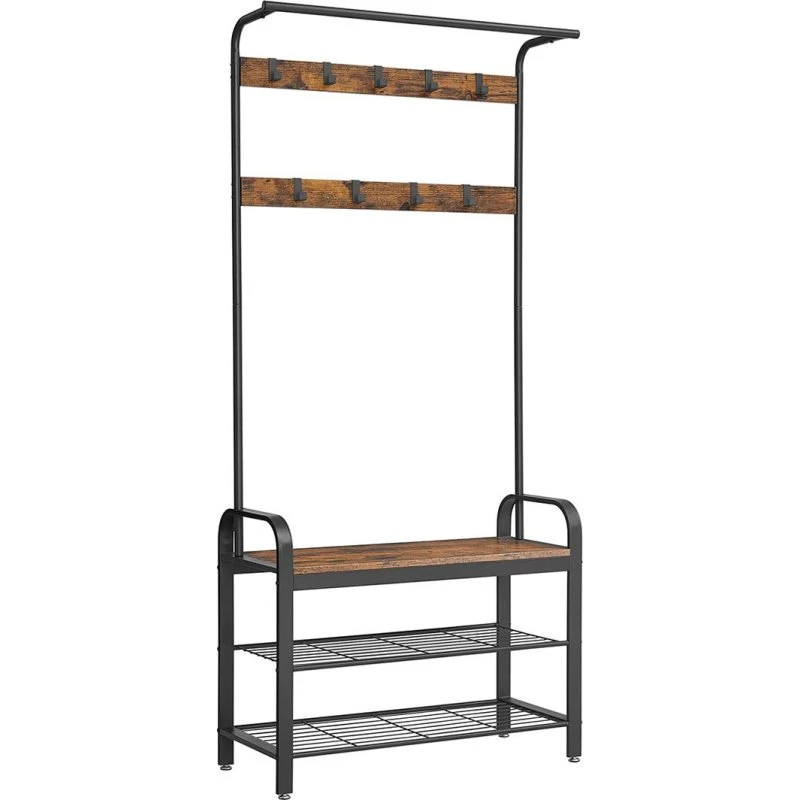 VASAGLE Tøjstativ med skohylde, 4 i 1, rustik brun/sort, 84 × 33,7 × 183 cm