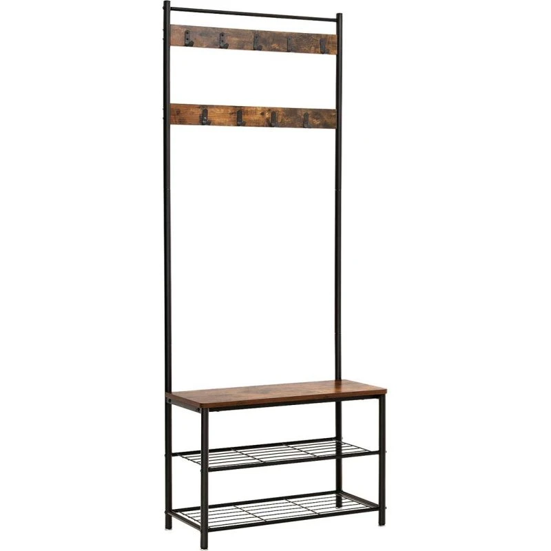 Tøjstativ med bænk og skoreol, rustik brun/sort, 70 × 32 × 175 cm