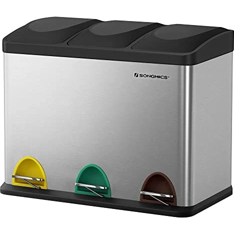 SONGMICS affaldsspand 3 rum, 45 l, sølv rustfrit stål & sort, med pedal