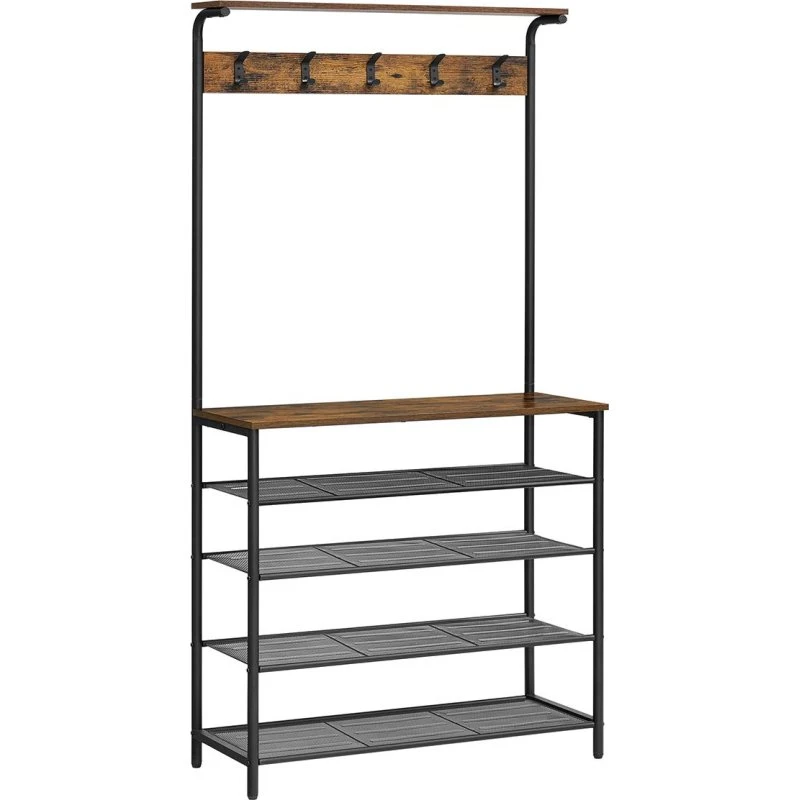 VASAGLE Tøjstativ med skohylde, 5 dobbelte kroge, 6 hylder, rustik brun/spånplade & sort stål