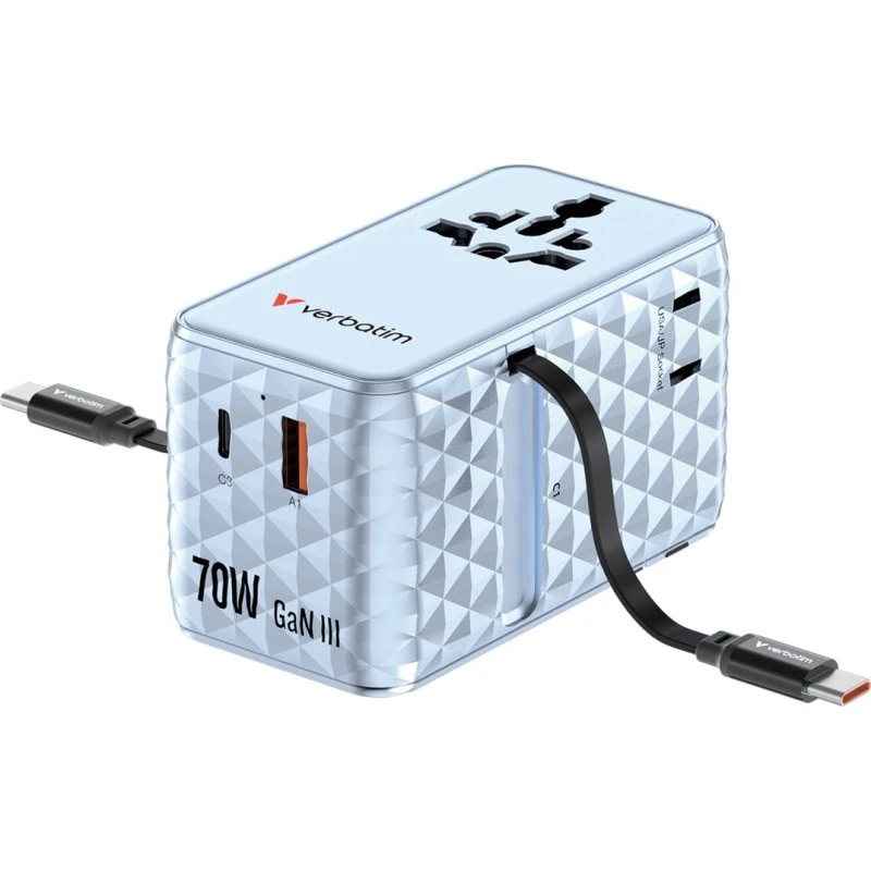Verbatim Charge 'n' Travel 70W GaN III USB-C Rejseadapter, blå