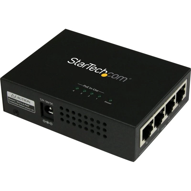 StarTech POEINJ4G 4-Port PoE+ Midspan Injector, Sort