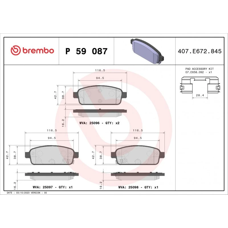 Brembo Bremseklodser P 59 087, Akselsæt, Bagaksel, 117x16x43 mm