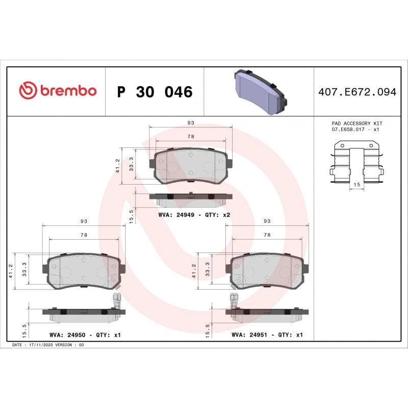Brembo Bremseklodser P 30 046 til Hyundai i20, bagaksel, Prime-serie