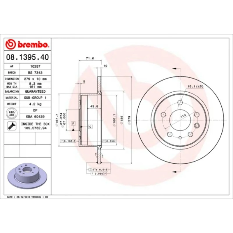Brembo Bremseskive 08.1395.40 til Mercedes-Benz