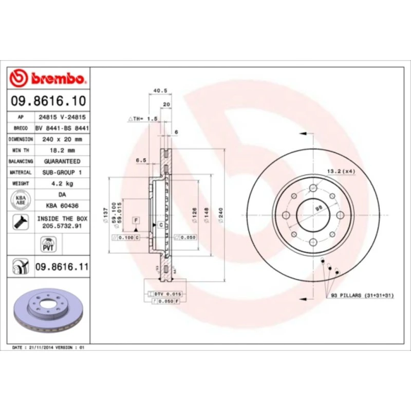Brembo Bremseskive 09.8616.11, foraksel, indvendigt ventileret
