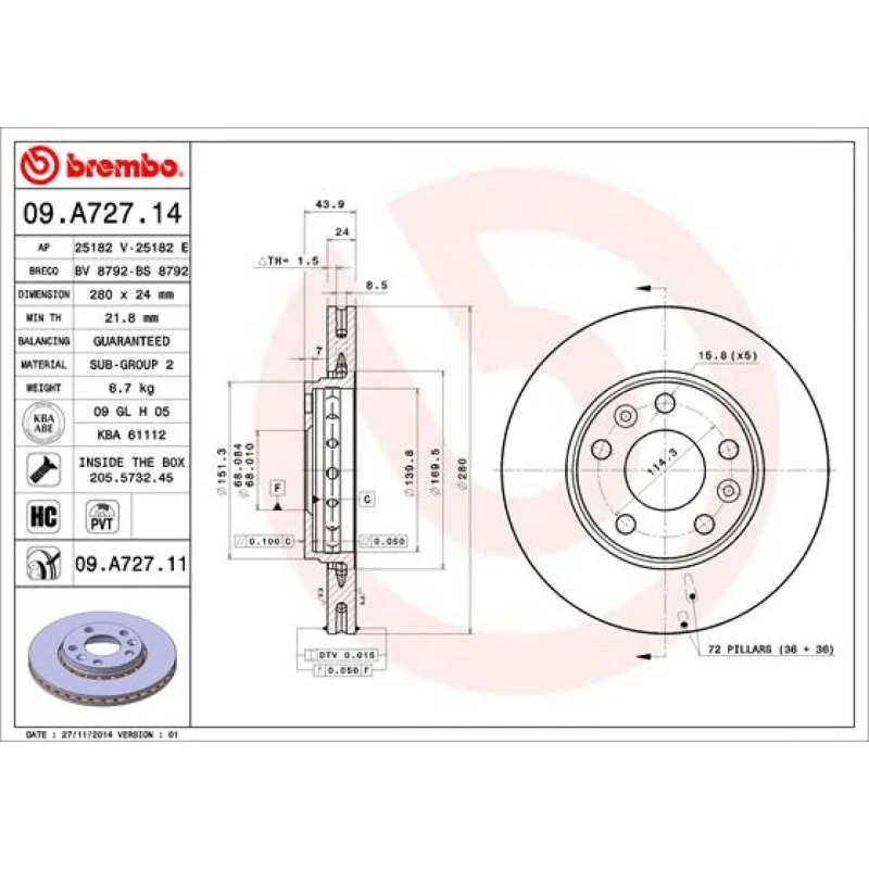 Brembo Bremseskive 09.A727.11 for Renault, Nissan, KIA