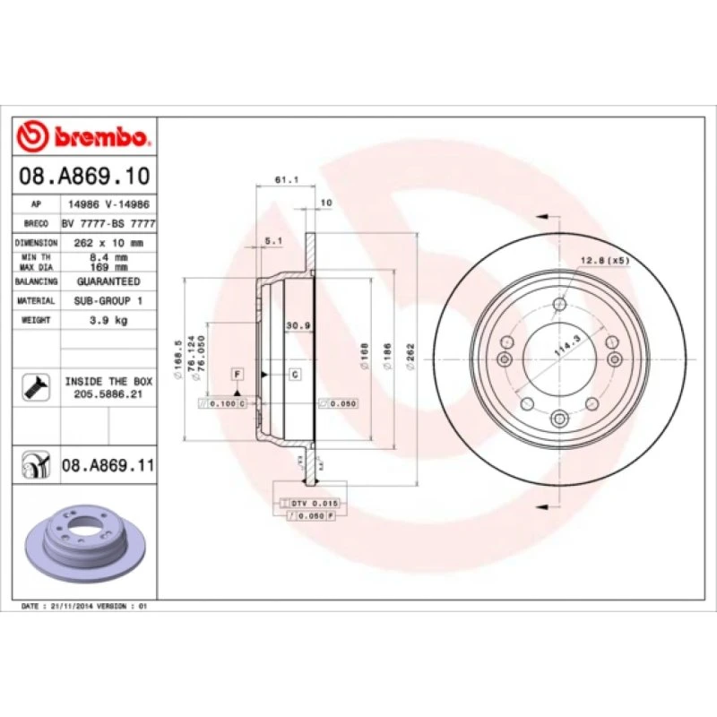 Brembo Bremseskive 08.A869.11 S584111H300 for Hyundai i30, Kia Sportage