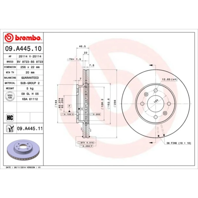 Brembo Bremseskive 09.A445.11 for Hyundai/Kia