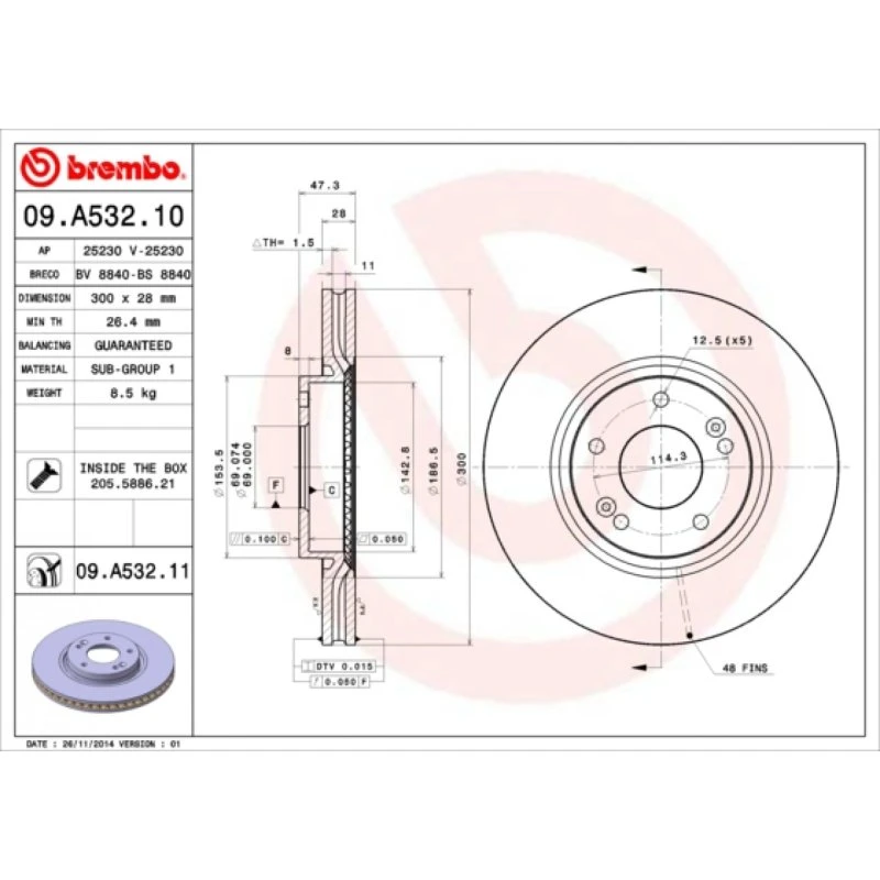 Brembo Bremseskive 09.A532.11 for Hyundai/Kia, 300 mm, ventileret