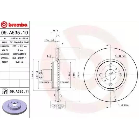 Brembo Bremseskive 09.A535.11 for Toyota Corolla, Yaris, Ractis