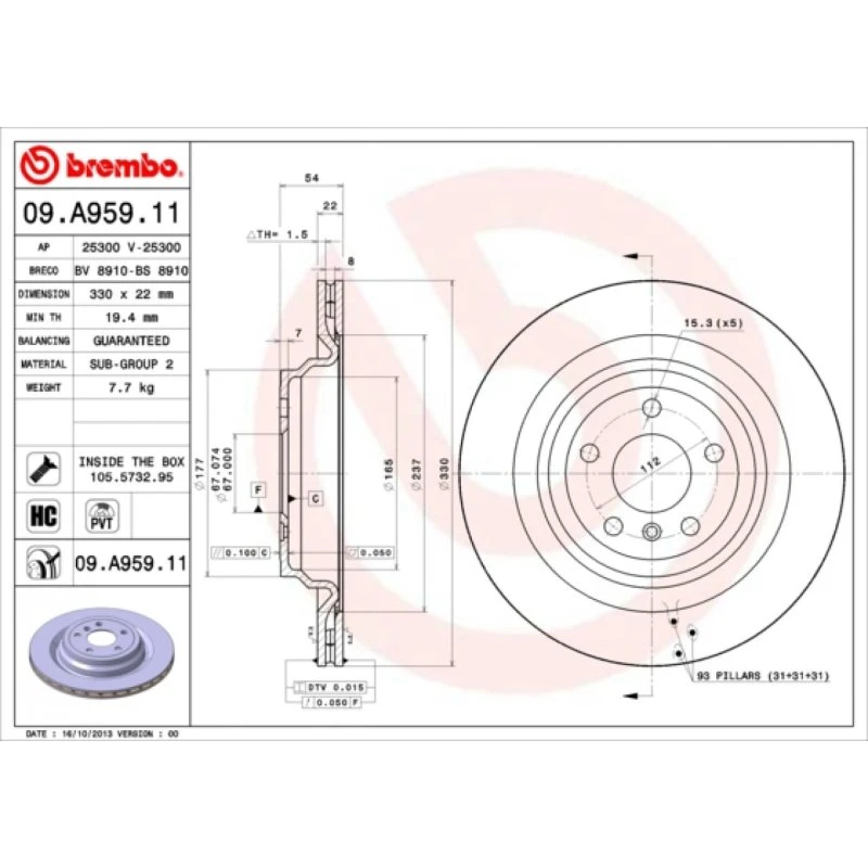Brembo Bremseskive 09.A959.11 til Mercedes-Benz GLE/GLE Coupe