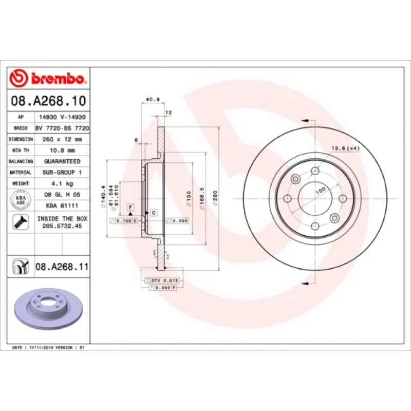 Brembo Bremseskive 08.A268.11 for Renault, Dacia, Smart