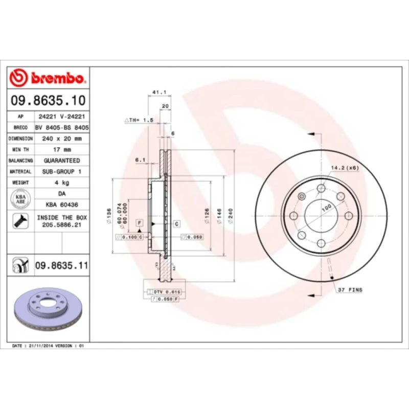 Brembo Bremseskive 09.8635.11 for Opel/Vauxhall