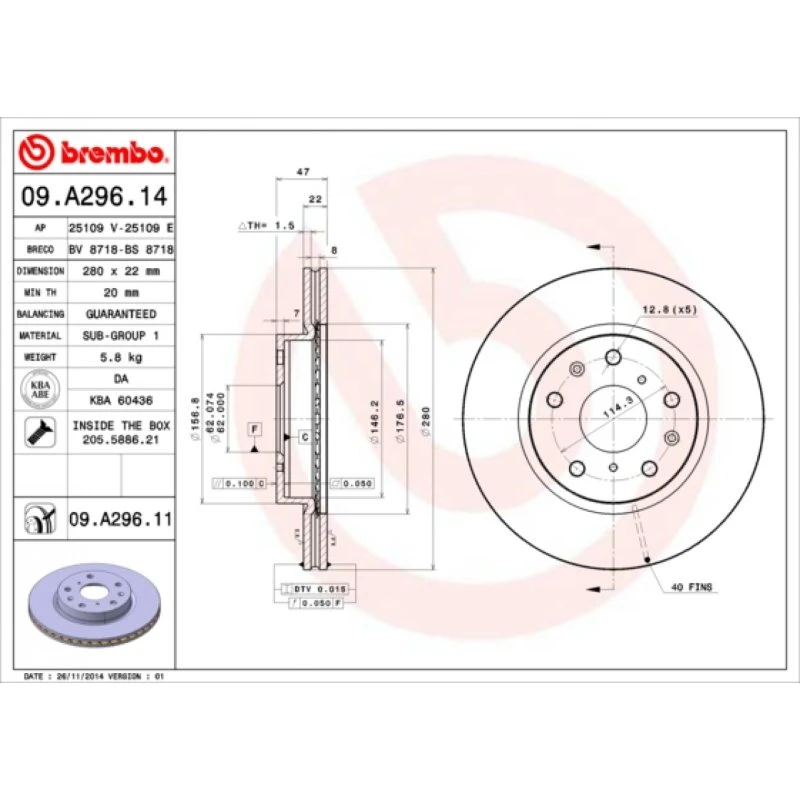 Brembo Bremseskive 09.A296.11 for FIAT, Suzuki, Nissan