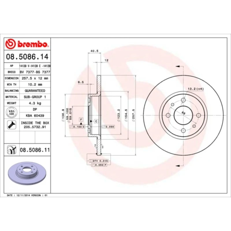Brembo Bremseskive 08.5086.11 for FIAT, Renault, Hyundai