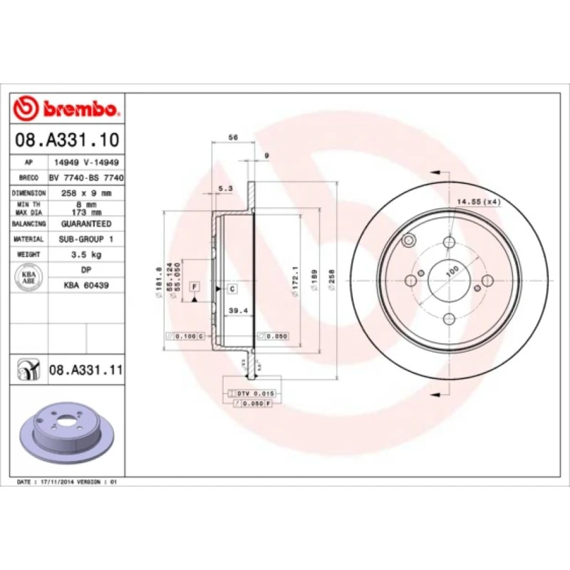 Brembo Bremseskive 08.A331.11 til Toyota Corolla (2004-)