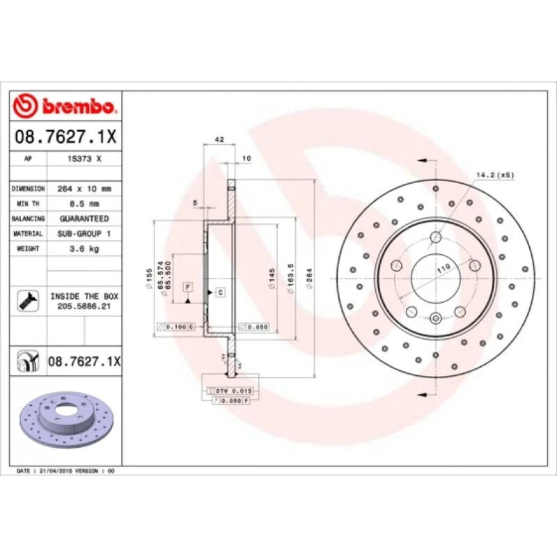 Brembo Bremseskive 08.7627.1X Xtra 264mm for Opel, Chevrolet, Vauxhall