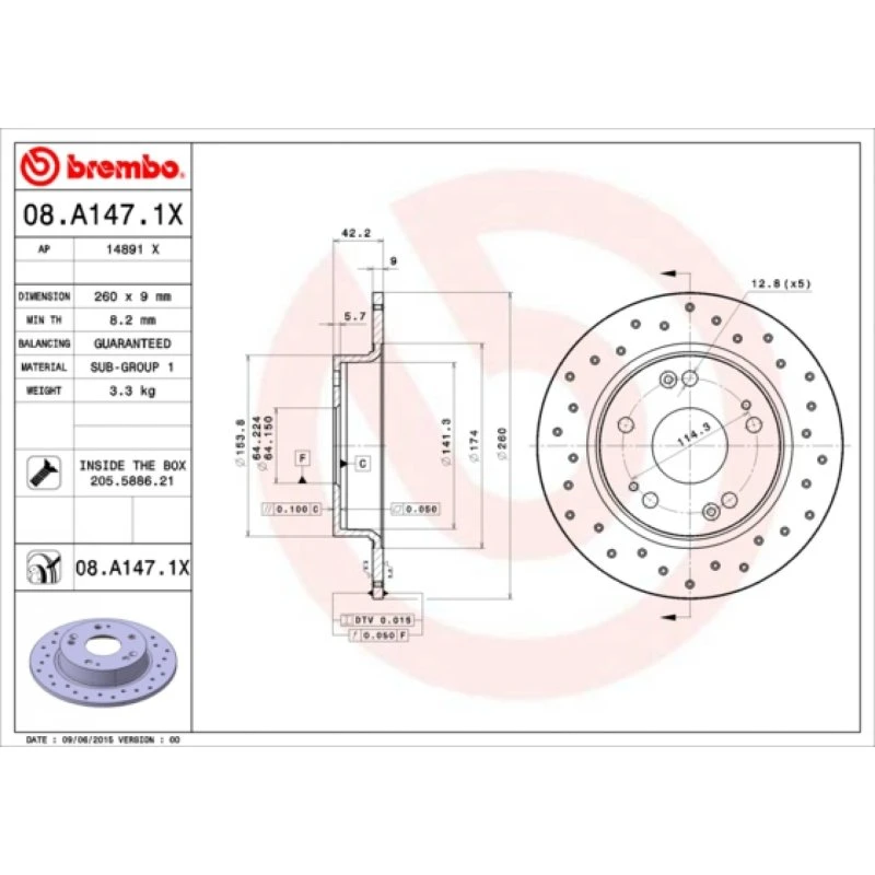 Brembo Bremseskive 08.A147.1X til Honda Civic IX/VIII