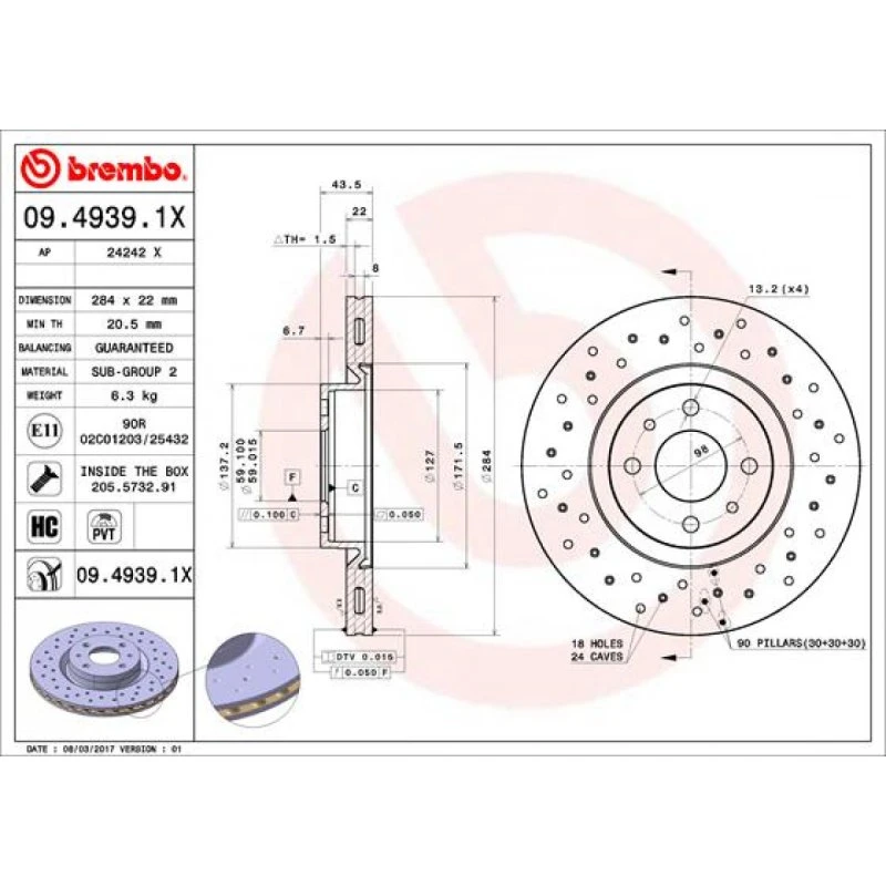 Brembo Bremseskive 09.4939.1X, perforeret, 22 mm tyk
