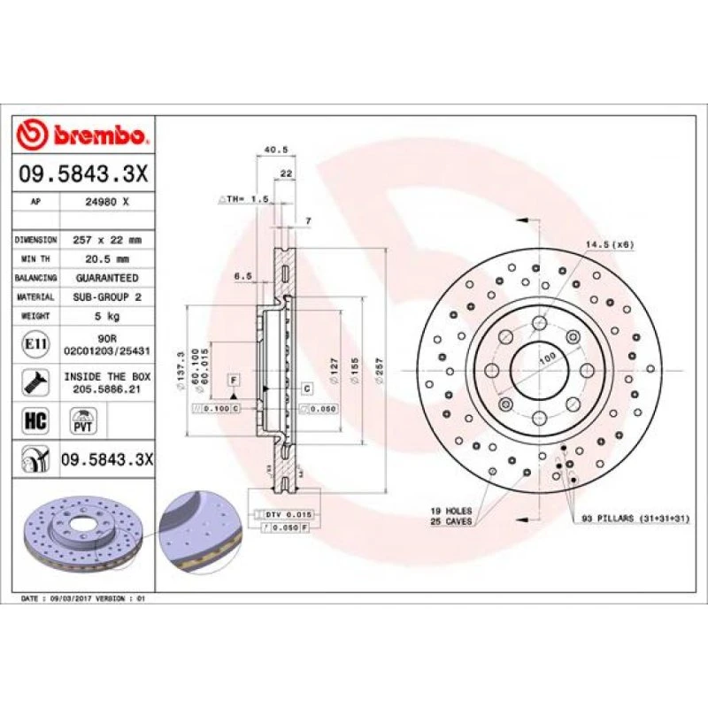Brembo Bremseskive 09.5843.3X for Opel, Fiat, Vauxhall