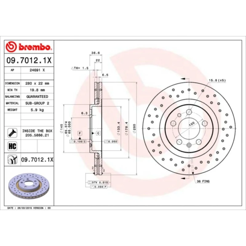 Brembo Bremseskive 09.7012.1X for VW, Audi, Skoda