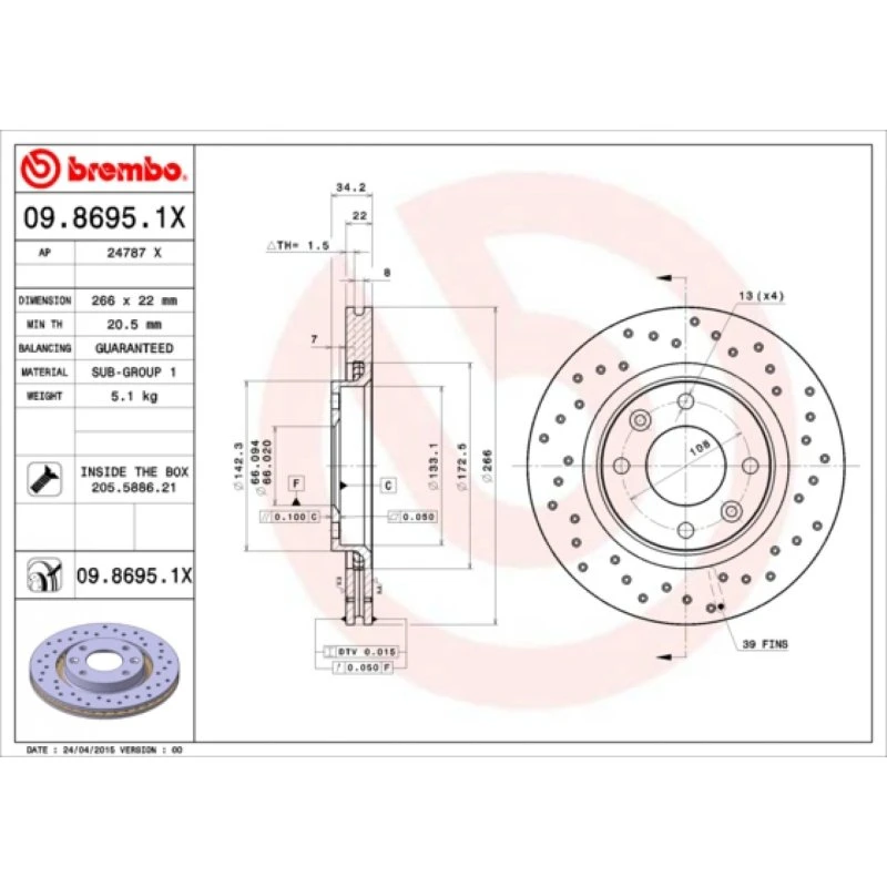 Brembo Bremseskive 09.8695.1X for Opel, BMW, Peugeot