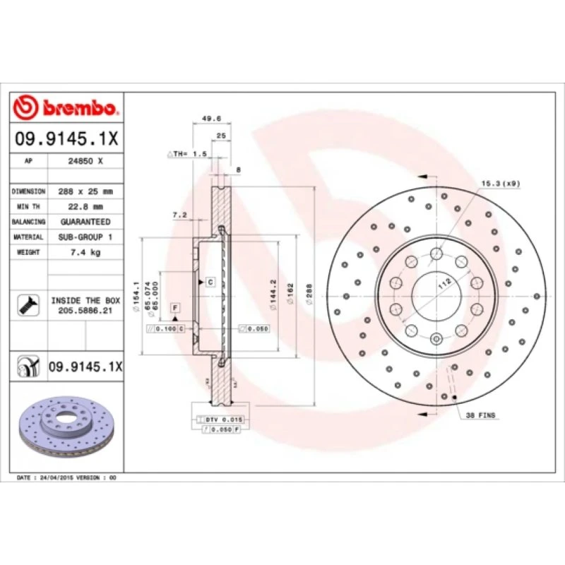 Brembo Bremseskive 09.9145.1X for VW, Audi, Skoda, Seat, Cupra