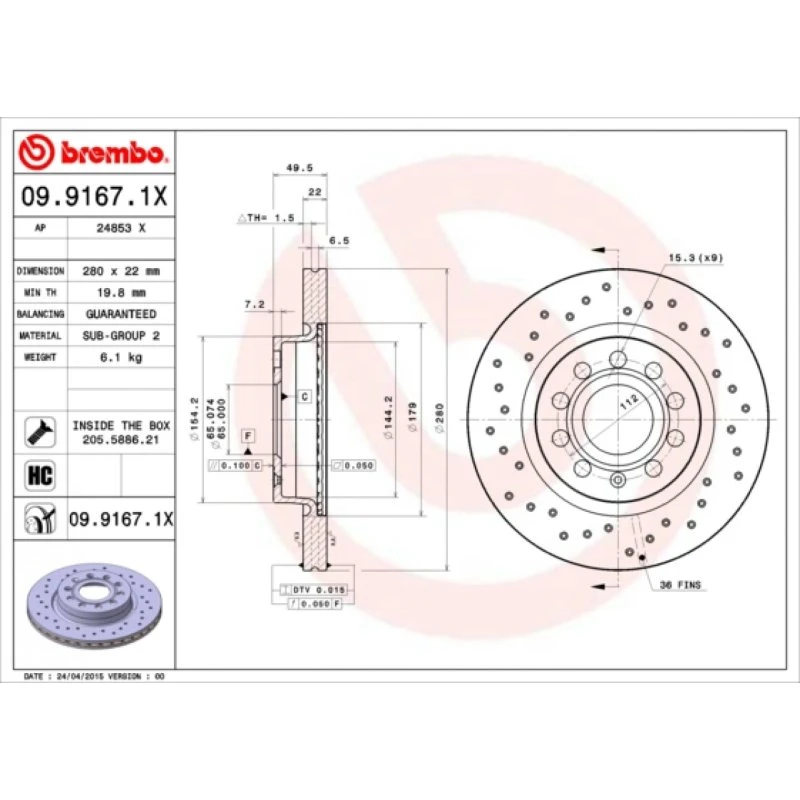 Brembo Bremseskive 09.9167.1X for VW, Audi, Skoda