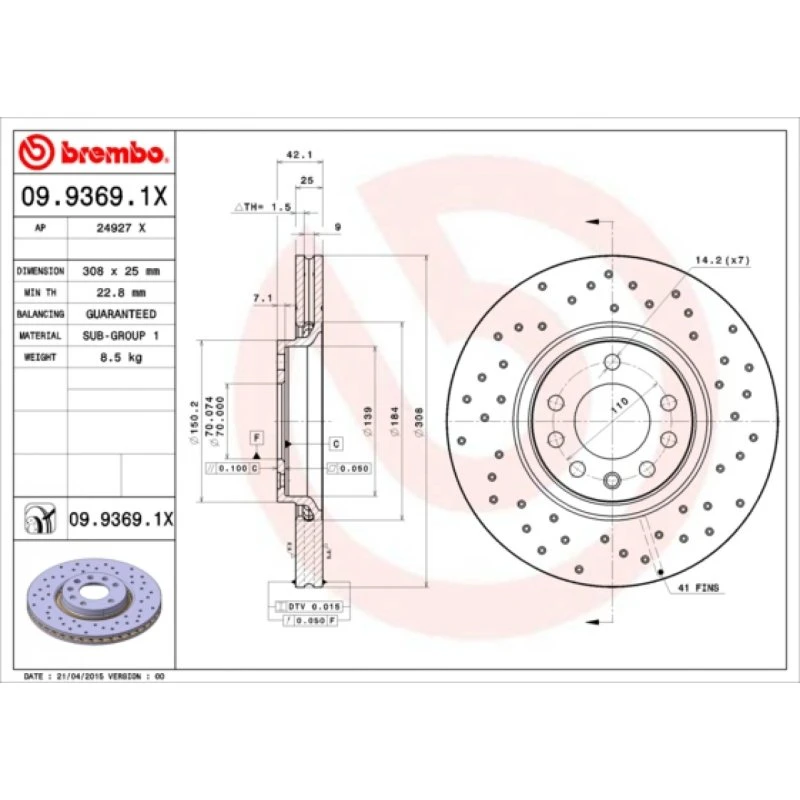 Brembo Bremseskive 09.9369.1X for Opel, Saab, Vauxhall