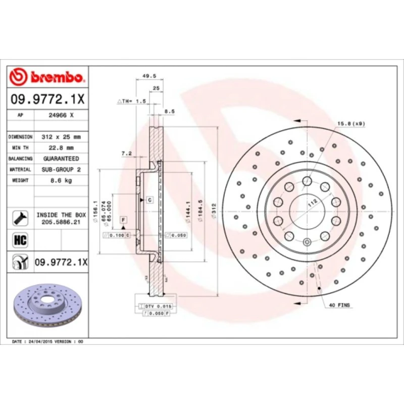 Brembo Bremseskive 09.9772.1X for VW, Audi, Skoda, Seat, Cupra