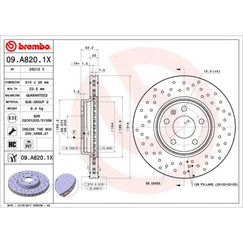 Brembo Bremseskive 09.A820.1X for Audi A4/A5 B8/B9