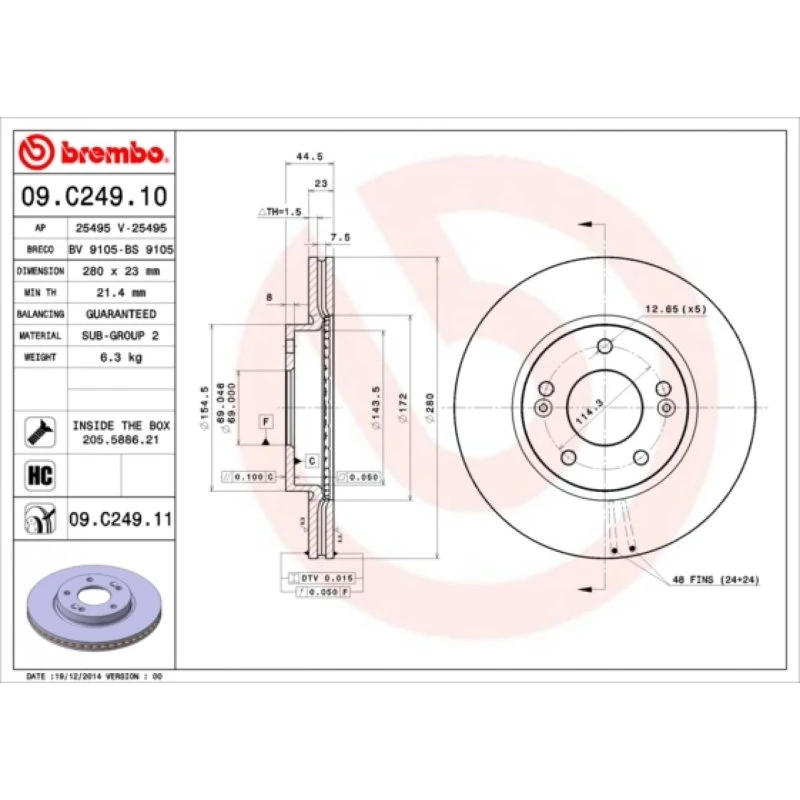Brembo Bremseskive 09.C249.11 for Hyundai KIA (S517122V000)