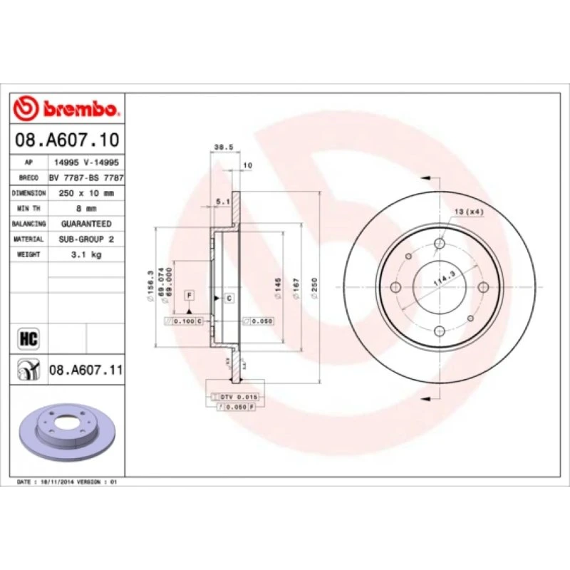 Brembo Bremseskive 08.A607.11 for Mitsubishi & Smart