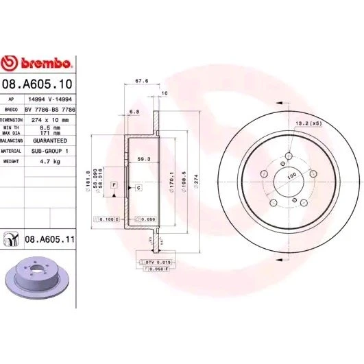 Brembo Bremseskive 08.A605.11 til Subaru Legacy IV & Outback