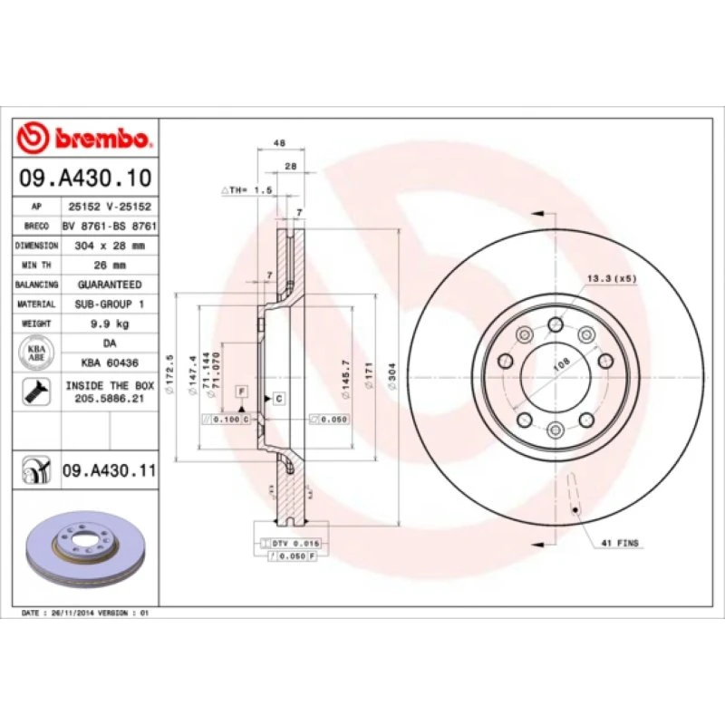 Brembo Bremseskive 09.A430.11 for FIAT, TOYOTA, PEUGEOT