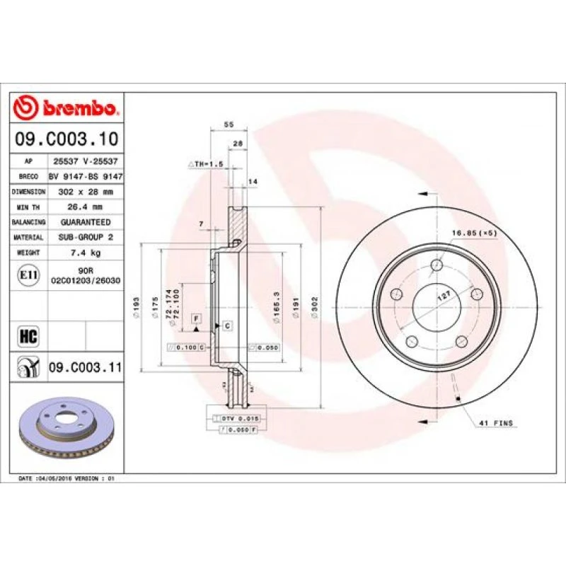 Brembo Bremseskive 09.C003.11 for Jeep Wrangler III