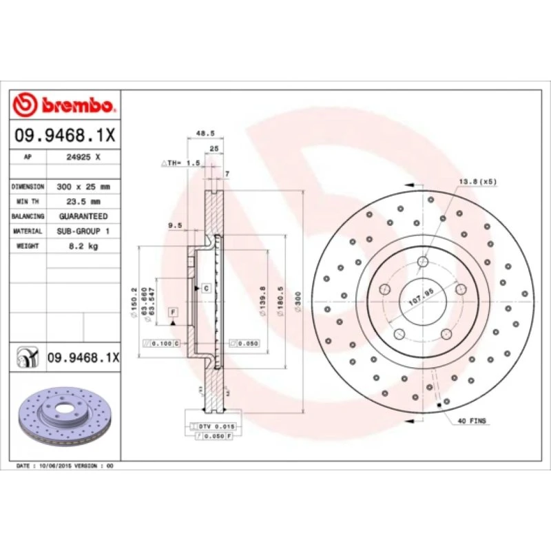 Brembo Bremseskive 09.9468.1X for Ford/Volvo, perforeret, 300 mm