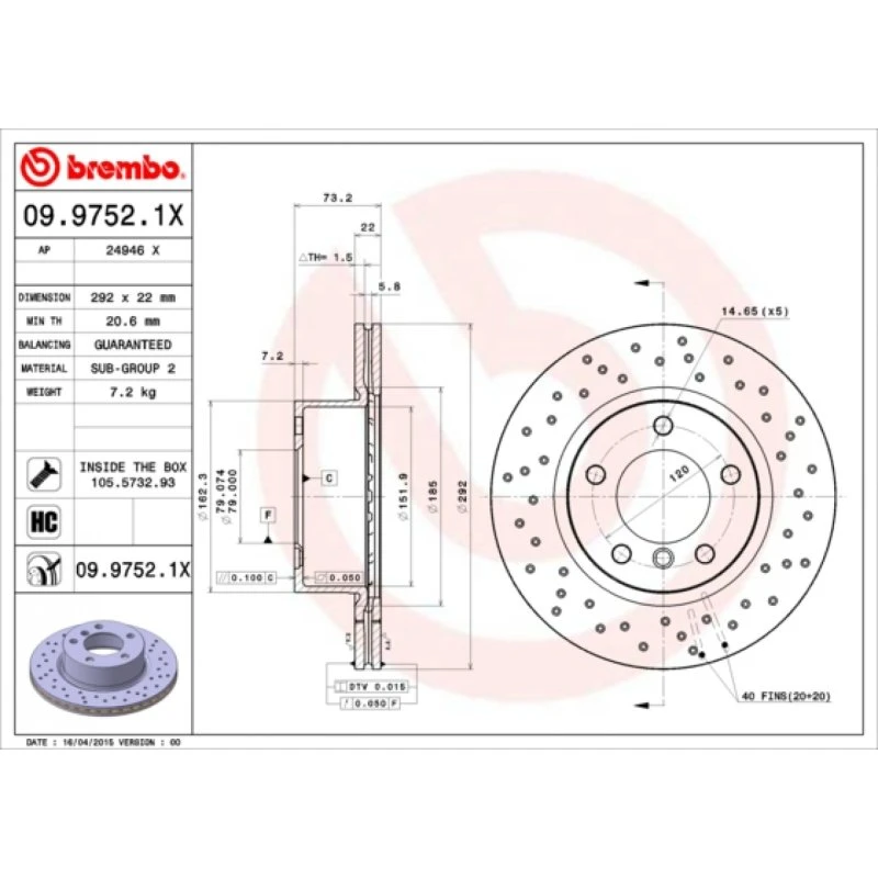 Brembo Bremseskive 09.9752.1X for BMW 1, 3, 5, 1 Convertible, 1 Coupe, 5