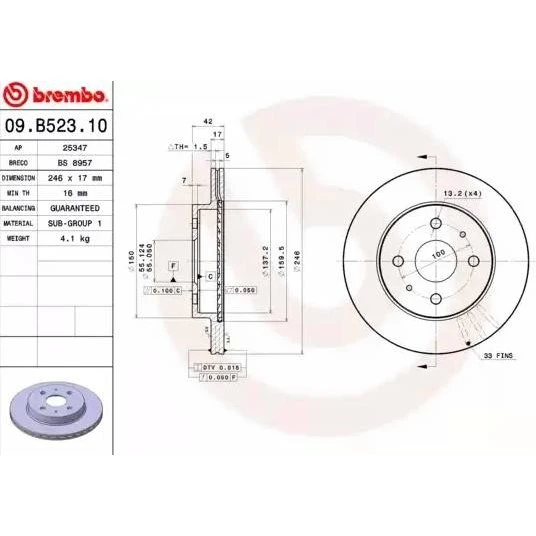 Brembo Bremseskive 09.B523.10 for Toyota, Subaru, DAIHATSU