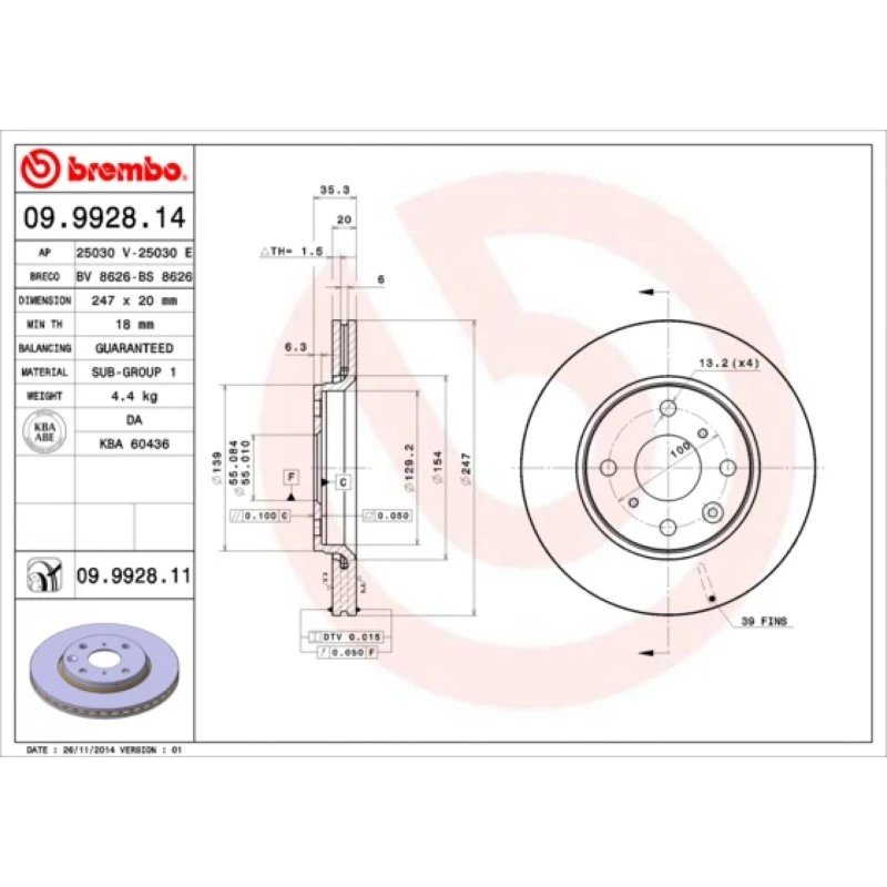 Brembo Bremseskive 09.9928.11 for Toyota, Peugeot, Citroën