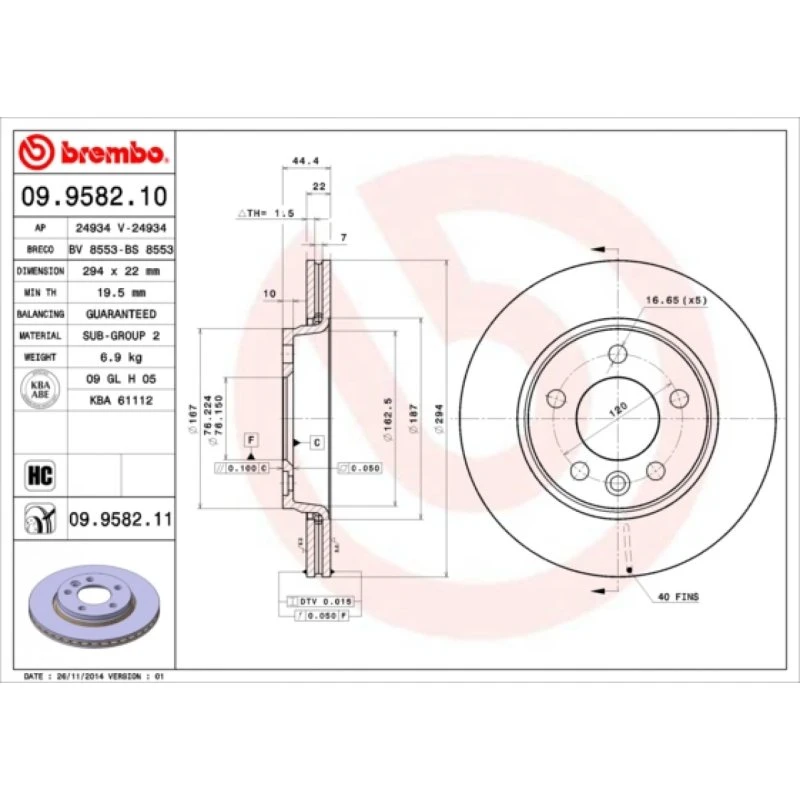 Brembo Bremseskive 09.9582.11, 22 mm, bagaksel, Prime