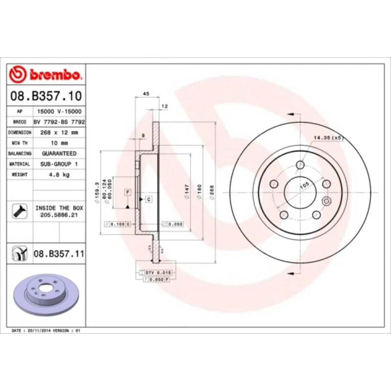 Brembo Bremseskive 08.B357.11, Prime, 268 mm, bagaksel