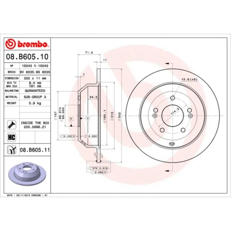 Brembo Bremseskive 08.B605.11 for Hyundai/Kia (bagaksel)