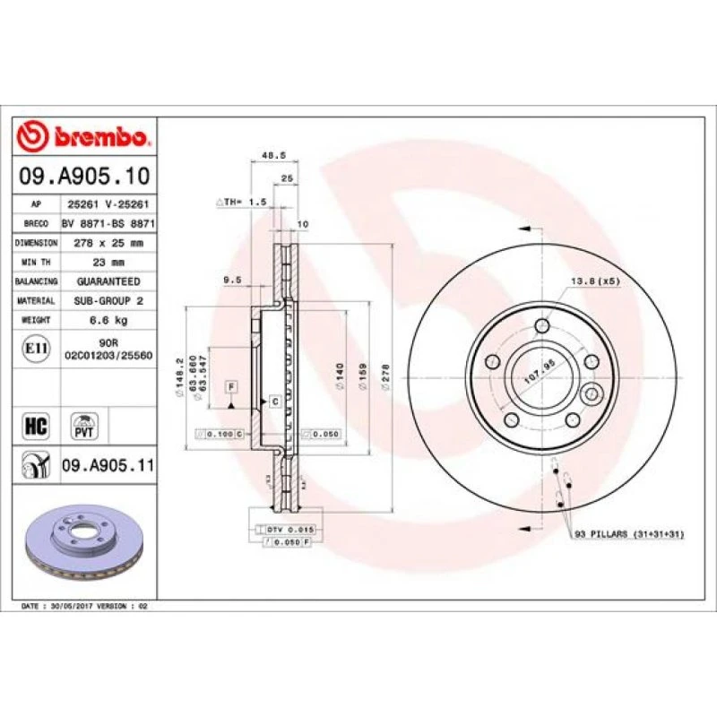 Brembo Bremseskive 09.A905.11 for Ford, Kia, Volvo
