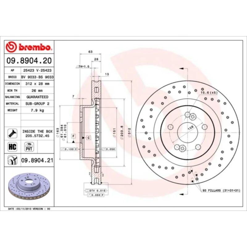 Brembo Bremseskive RENAULT 09.8904.21, perforeret, 28 mm tyk